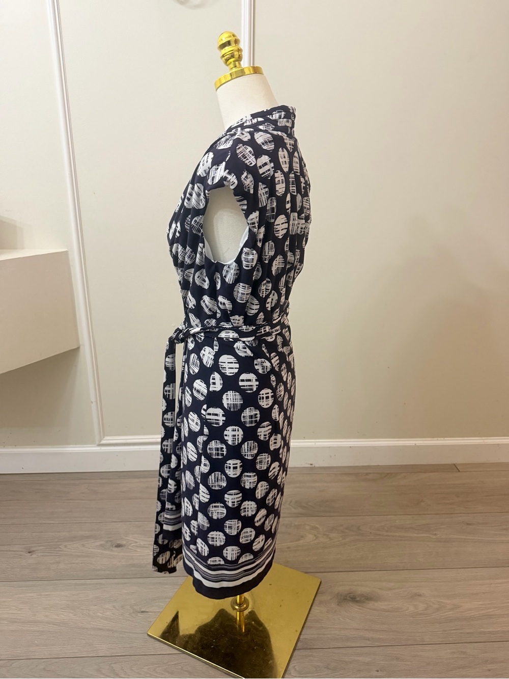 Eliza J Navy and White Wrap Midi Dress with Geometric Polka Dot Medallions - Picture 3 of 7